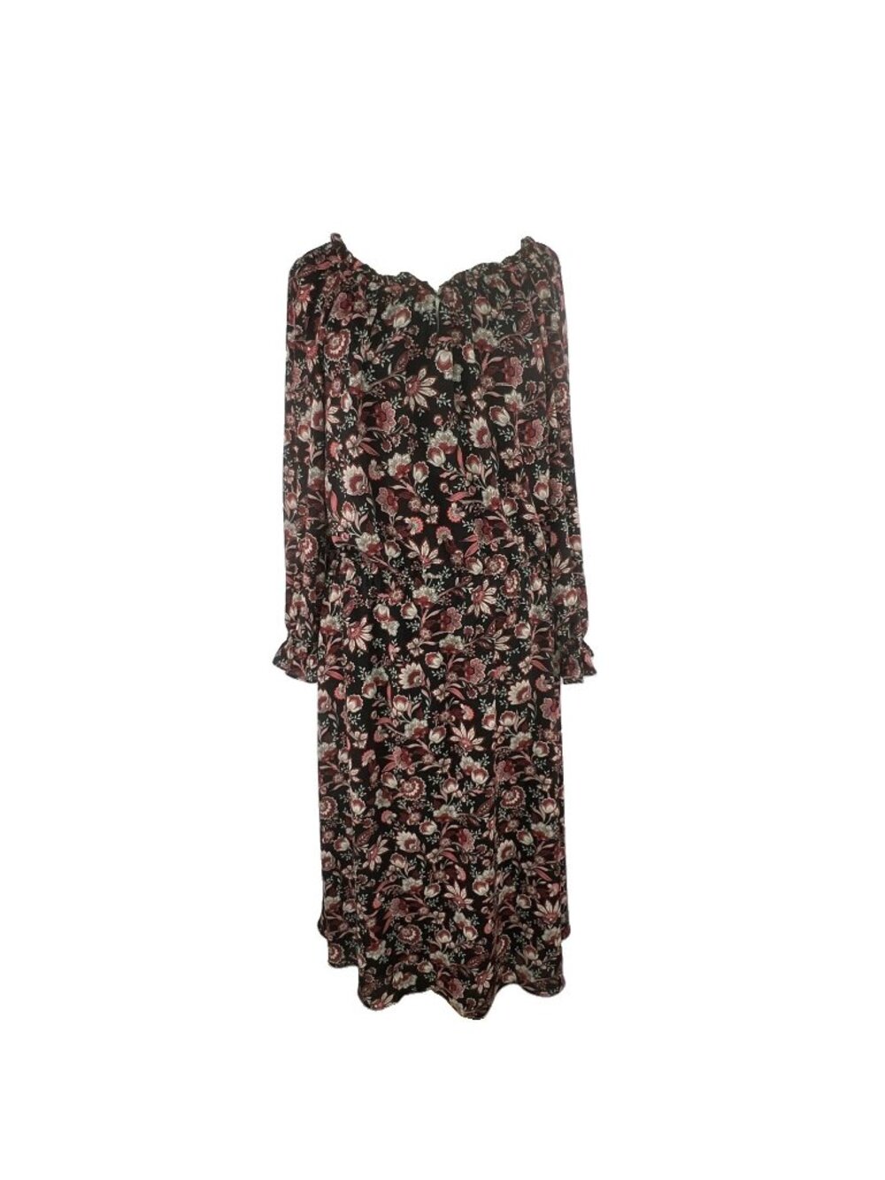 Talbots Dress XLP Womens Black Floral Fit & Flare Midi Boho Cottage Ruffle